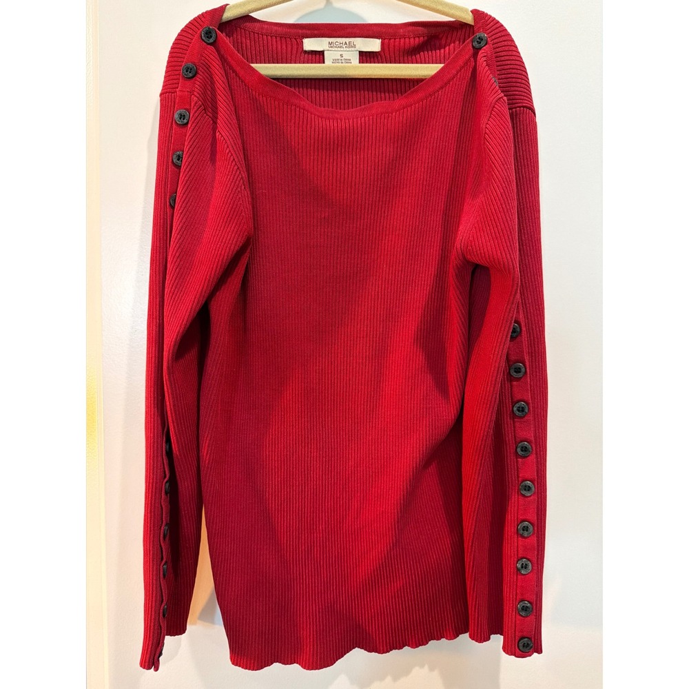 Michael Kors Red Silk Blend Ribbed Knit Button Sleeve Boat Neck Sweater Small